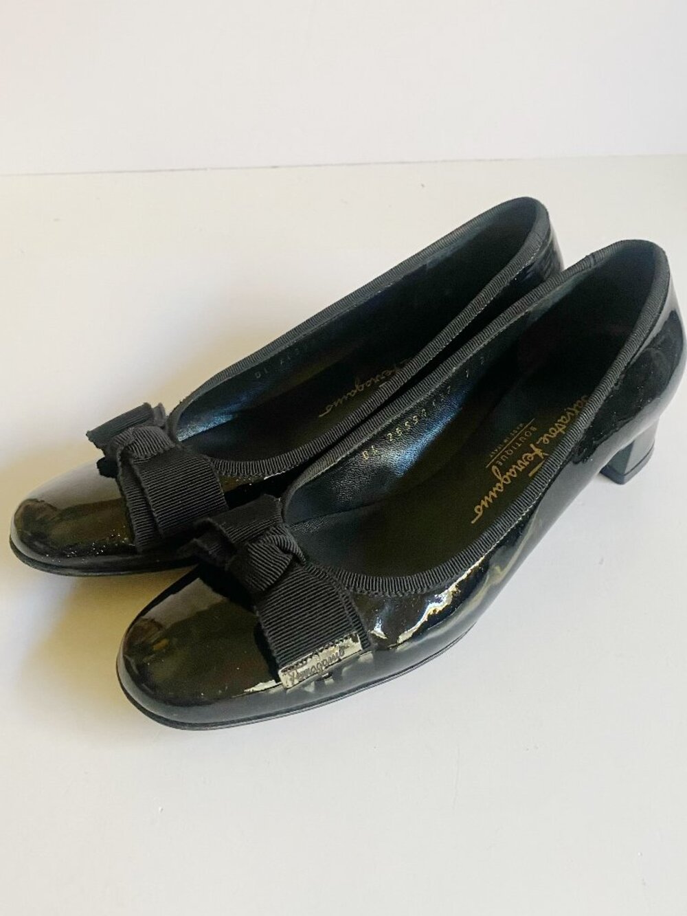Salvatore Ferragamo Black Patent Vara Bow Low Block Heel Pumps